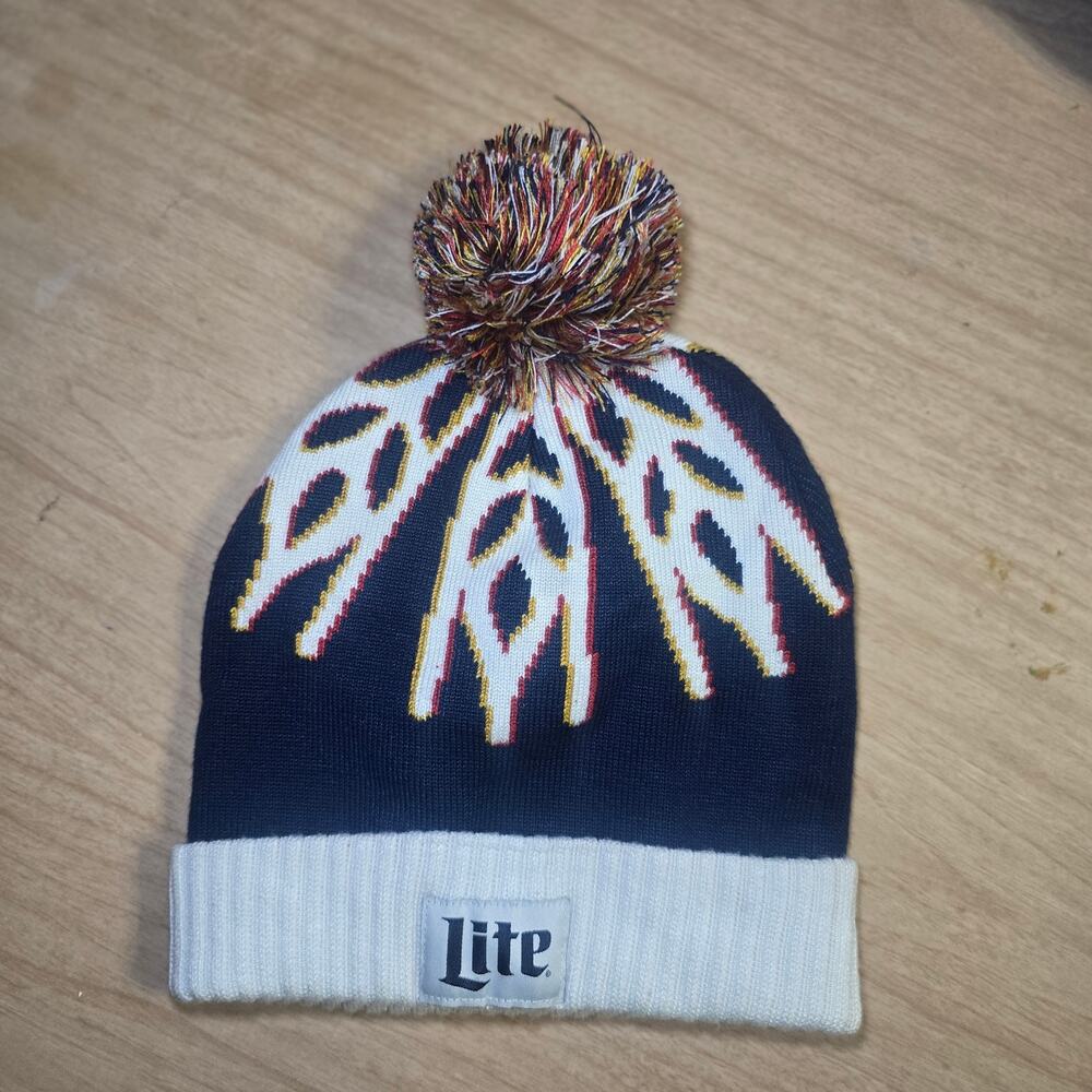 Miller Lite Winter Beanie Hat OSFA Nordic Snowflake Pattern Pom Blue Cap